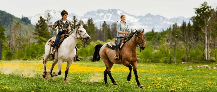 Confident plus-size woman riding London a horse through a field with a smile on her face.